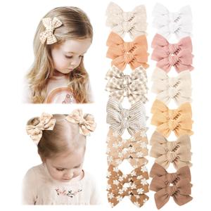 Niceye 24 PACK Baby Girl Hair Clips Set, Hair Bows Barrettes Handmade Accessories Alligator Clip for Babies Infant Toddlers Kids in Pairs (Sand Brown)