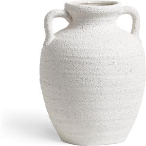 White Ceramic Vase with Handles, 9.5" Large Farmhouse Flower Vase - Rustic Centerpiece for Living Room, Bookshelf, Mantel, Entryway, Table & Wedding Home Decor (Rock Sand White)