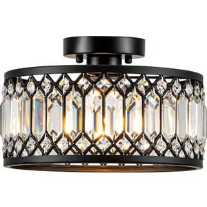 Zlepmlla Crystal Black Ceiling Light, Modern Semi Flush Mount Ceiling Light Fixture, Round Small Chandelier for Hallway Entryway Bathroom Bedroom Laundry Room, 1-Light, 11.4 Inch