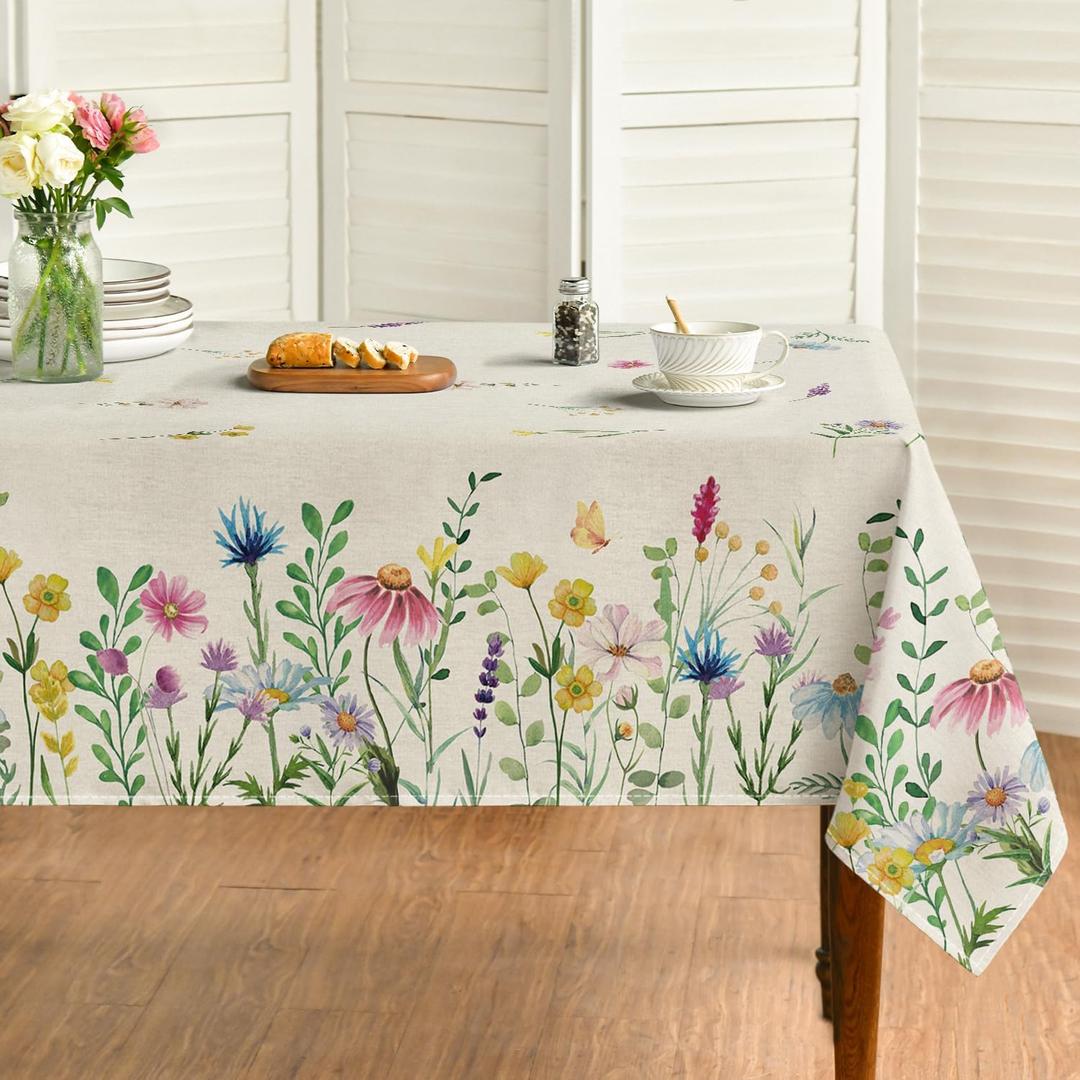 Horaldaily Spring Tablecloth 60104 Inch Rectangular, Wild Flowers Washable Seasonal Table Cover for Party Picnic Dinner Decor