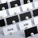 Leinuosen Decorative Pearl Place Card Stands and Cards Set, 48 Pcs Elegant Pearl Stands and 96 Pcs Black and White Card for Wedding, Table Place, Food Labels Business, Dessert Table Decor