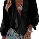 GORGLITTER Women's Ruffled Top Blouses Dressy Business Casual Button Up Long Sleeve V Neck Shirts Work Office Outfits (L)