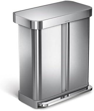 Simplehuman 58 Liter/15.3 Gallon Step Can Liner Pocket, Brushed Stainless Steel Dual Compartment Recycler
