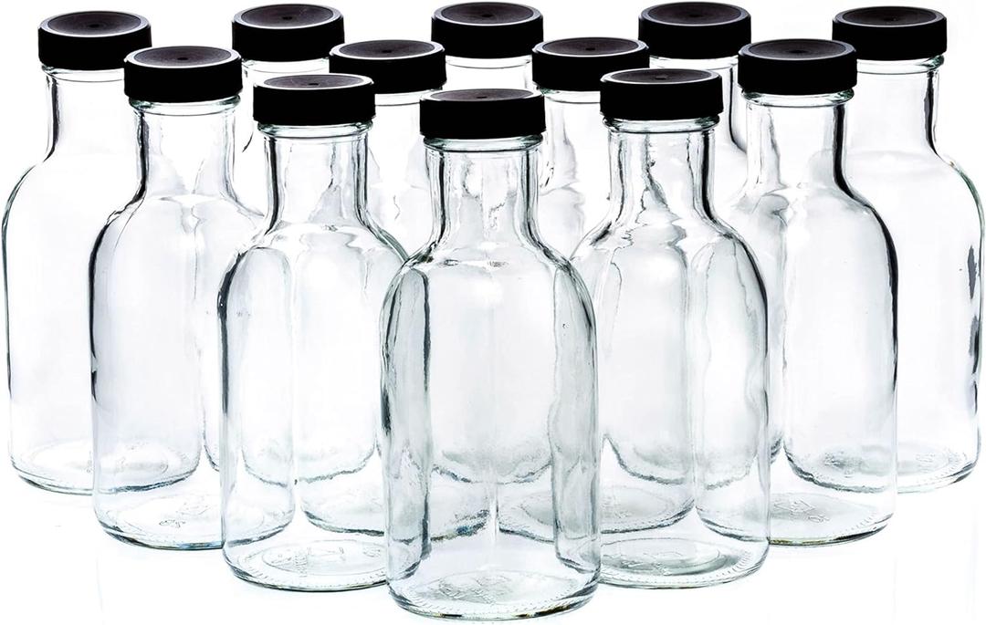 Set of 12oz Glass Bottles with Black Plastic Caps | Reusable Stout Flint Glass Bottles with Lids for Juicing, Kombucha, Liquids | Made in USA (12 Ounce)