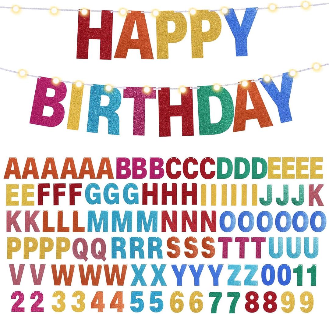 TaoBary 112 Pcs DIY Letter Kit Glitter Customizable Banner Letters Include 107 Letters and Numbers 3 Rope and 2 Needles for Birthday Halloween Christmas Wedding Valentine Party Decor(Rainbow)