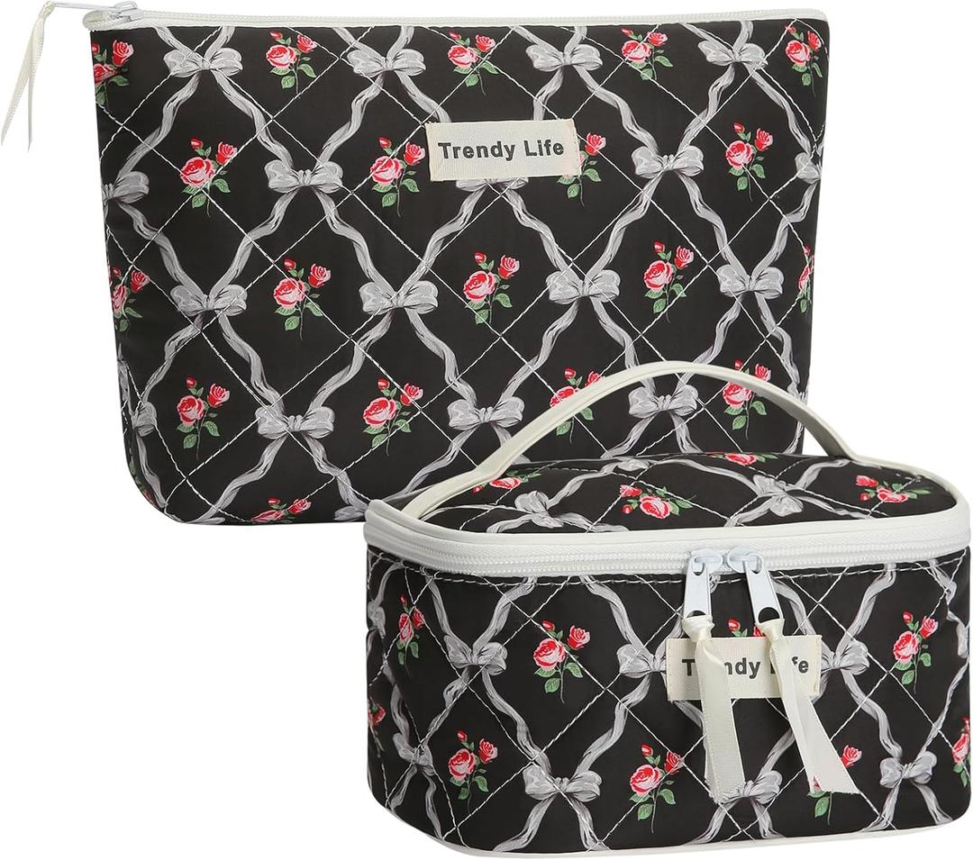HAOGUAGUA 2 Pieces Makeup Bag, Small Large Quilted Cosmetic Bag, Travel Floral Make Up Toiletry Organizer Bag for Women Girls (2PCS STYLE B-5)