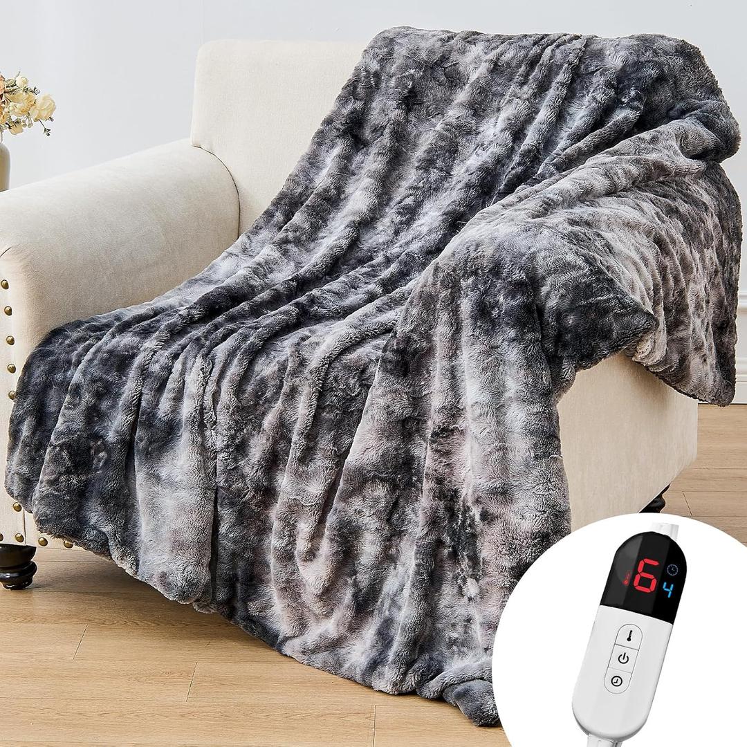 Electric Heated Throw Blanket - Faux Fur Sherpa 50"x60" Fast Heating Bed Blankets Throw with 6 Heating Levels & 4 Hours Auto Off, Over-Heat Protection ETL, Dark Gray