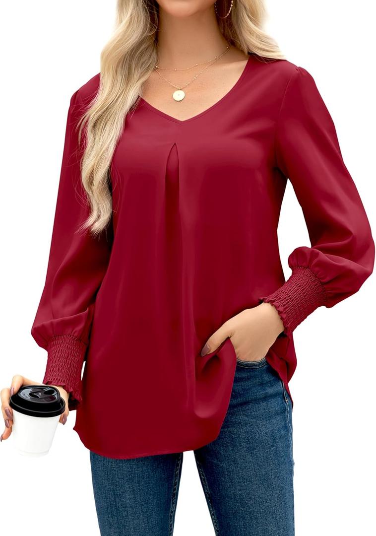 OMSJ Women's V Neck Smocked Cuffs Long Sleeve Dressy Casual Shirts Loose Chiffon Work Blouse Elegant Tops (Medium, Red)