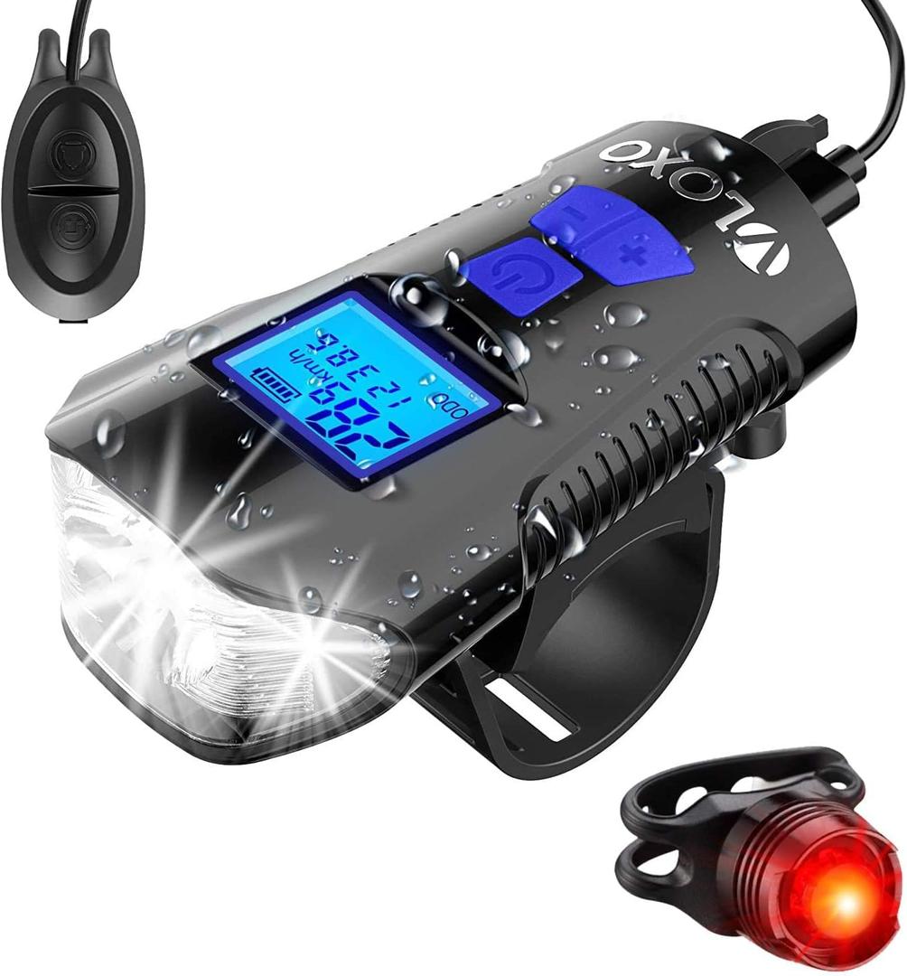 VLOXO Bike Speedometer with Bike Light Set, IPX7 Waterproof Bicycle Computer with Horn LED Front & Tail Light, USB Rechargeable (blue)
