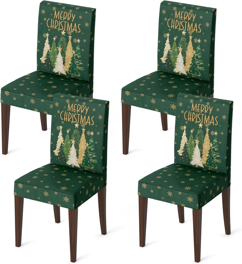 Horaldaily 4PCS Christmas Dining Green Chair Covers, Christmas Pine Tree Stars Stretch Removable Washable Slipcover Chair Protector for Dining Room Home Decor