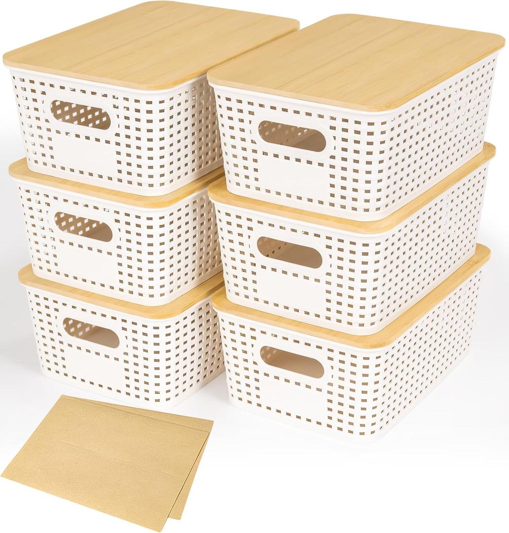 Criusia 6 Pack Plastic Storage Baskets With Bamboo Lid, Stackable Storage Baskets for Organizing Desktop Closet Shelves Drawers Pantry Organization Office Playroom Classroom (White)