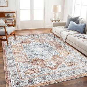 CHAMPLANT 4x6 Washable Vintage Area Rug Tangerine Traditional Floor Cover Foldable Rug Retro Kitchen Accent Rug Indoor Distressed Non Slip Carpet Floral Print Mat Bedroom Living Room Bathroom
