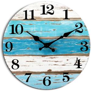 Beach Themed Blue Wall Clocks Battery Operated Silent Non-Ticking, Vintage Round Rustic Coastal Nautical Clock Decorative for Home Kitchen Living Room Office Bathroom Bedroom(10 Inch) (10 inches, A-blue,white)