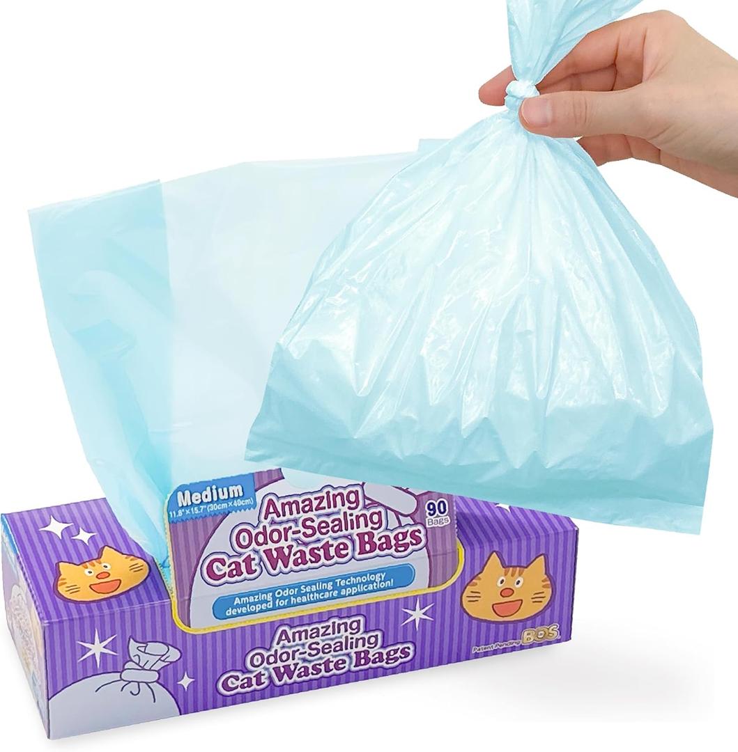 BOS Amazing Odor Sealing Cat Waste Disposal Bags - Durable and Unscented [Size: M, Color: Light blue] (90 count, Pack of 1) (90 Bags)