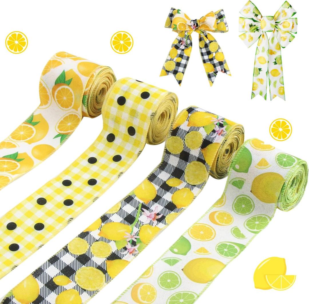 CCINEE 4 Rolls Wired Edge Ribbons with Lemon,2.5 Inch26 Yards Yellow Satin with Lemon Polka Dot Stripe Plaid Check for Wreath Floral Arrangements Crafts Wrapping Supplies DIY Hair Bow