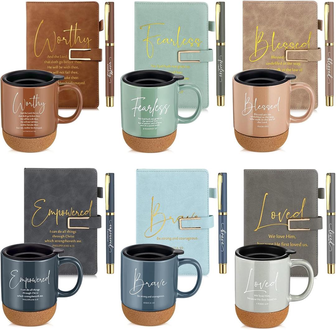 Motivational Christian Gifts for Women Men 15 oz Bible Verse Ceramic Coffee Mug A5 Journal Pen Religious Gift Set for Church Teacher Mom Dad Father Day(6 Set,Light Color,Classic)