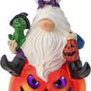 Halloween Pumpkin Gnome Statue with LED Light for Holiday Decorations Indoor Ghost Gnome Pumpkin Holding Ghostly Frog Halloween Props Collectible Figurine Fall Harvest Funny Gifts for Party (Orange)