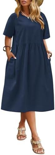 IN'VOLAND Plus Size Cotton Linen Dresses for Women Short Sleeve Summer Midi Dress with Pockets 18W