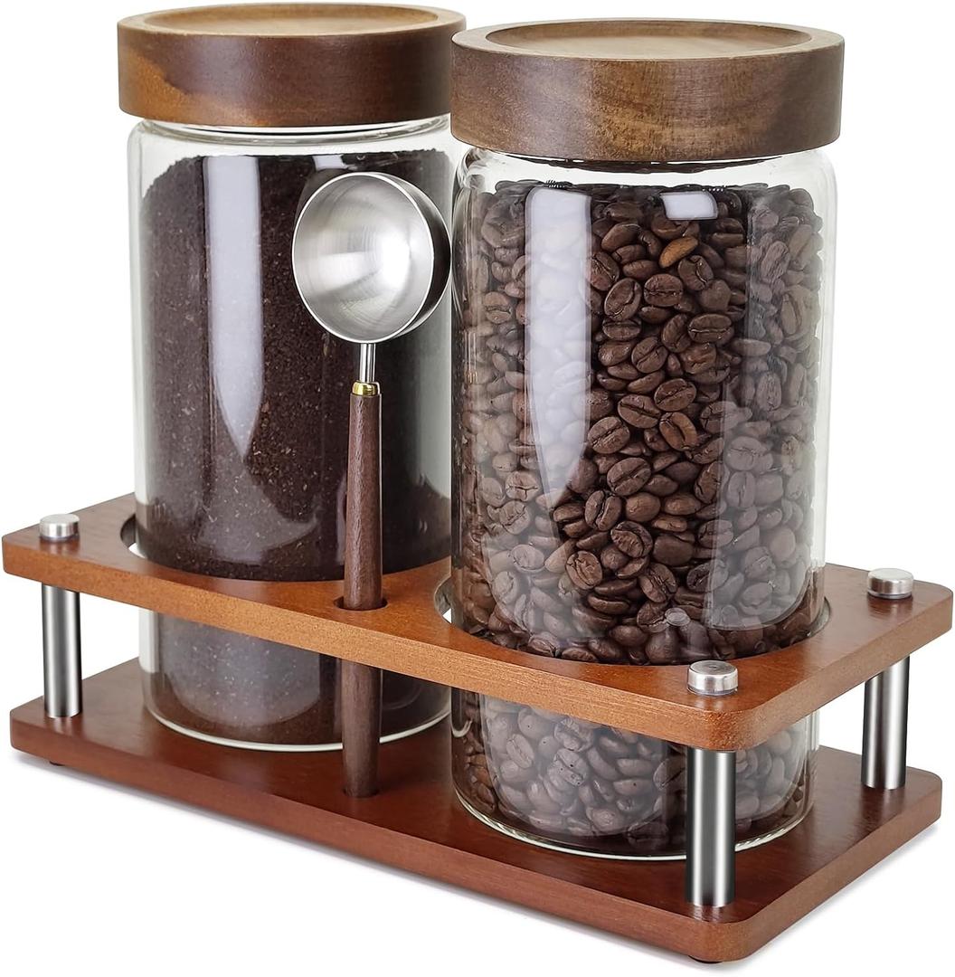 Glass Coffee Grounds Container with Shelf, 2 45 oz Glass Coffee Canisters with Airtight Thread Lid, Glass Storage Jars with Stainless Steel Spoon for Coffee Bean, Sugar, Nut (Brown Bamboo)