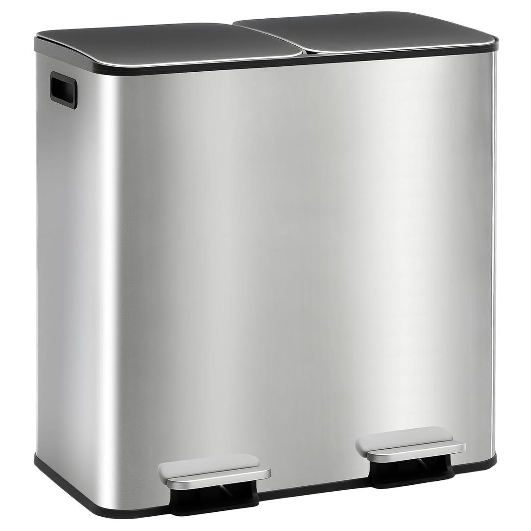 DUMOS 2 x 10.5 Gallon Kitchen Trash Can with Lid, Stainless Steel Garbage Can with Soft-Close Lid & Removable Inner Buckets, Dual Compartment Step-on Waste Bins for Kitchen, Home Office