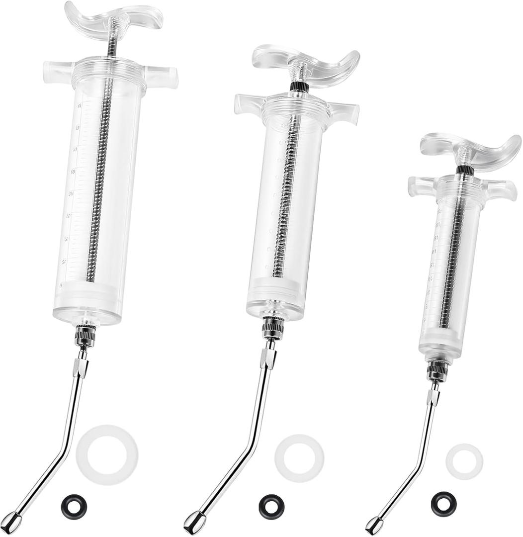 3 PCS Reusable Drench Syringe, Reusable Drench Gun Syringe for Bird, Cats, Dogs, Goats, Pigs, Syringe with 3 Drench Nozzle Adjustable Dosage (20ml 50ml 100ml)