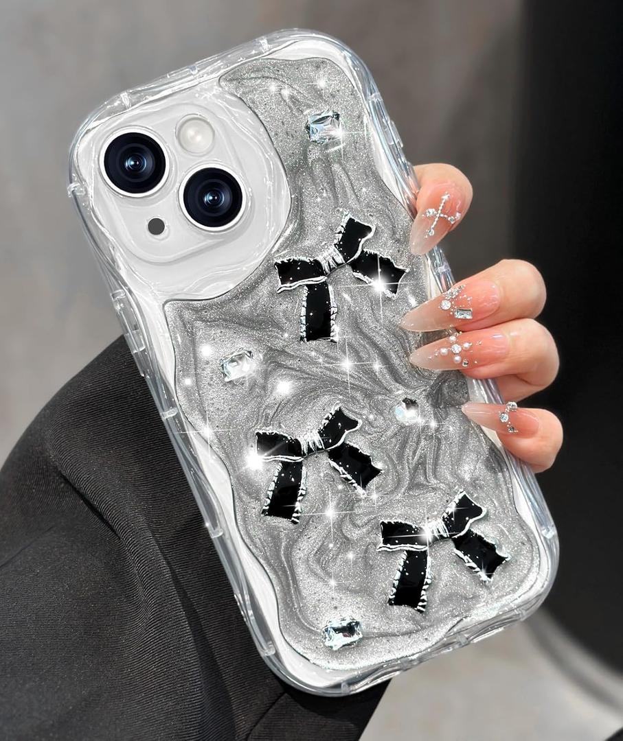 Toycamp for iPhone 14 Case Cute - Women Girly Girls Glitter Phone Cover 14 Kawaii Sparkle Bling Shine Aesthetic Pretty Unique Wave Design Funda for Apple 14, Black Bowtie