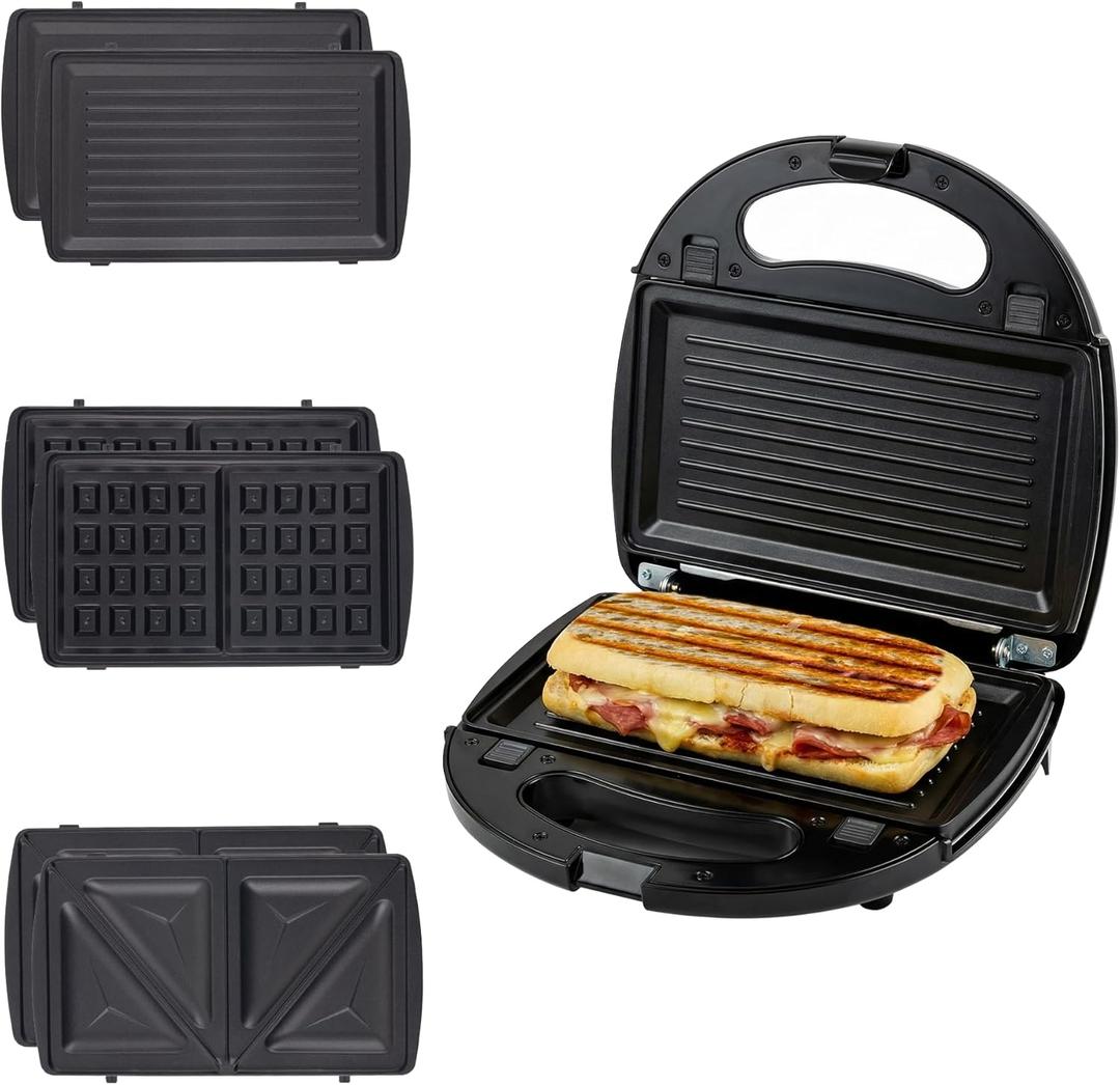 OVENTE 3 in 1 Electric Sandwich Maker, Panini Press Grill and Waffle Iron Set with Removable Non-Stick Plates, Perfect for Cooking Grilled Cheese, Tuna Melts, Burgers, Steaks and Snacks, Black GPI302B