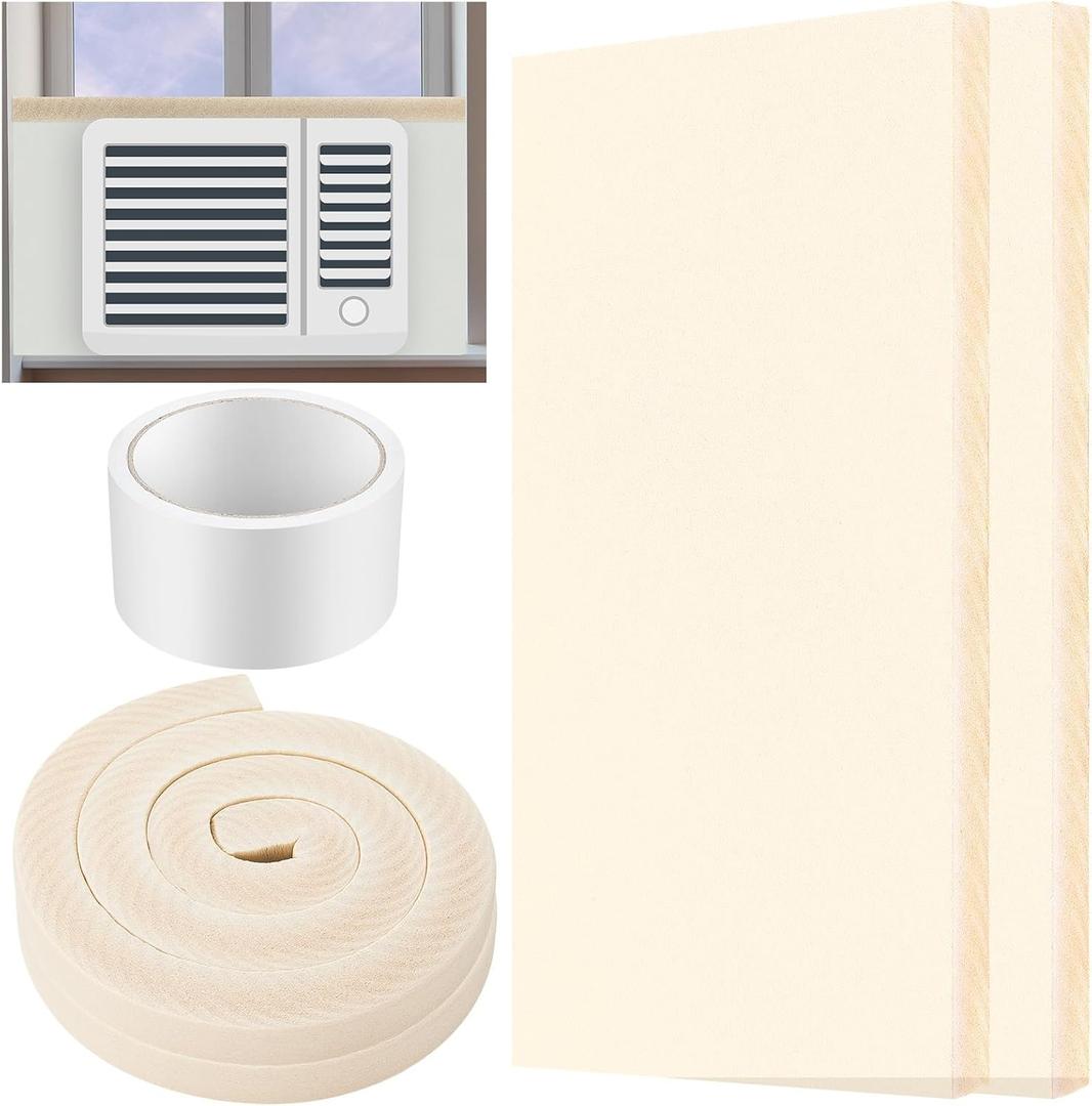 Pangda 2 Pcs 17 x 9 x 7/8 Inch Window Air Conditioner Insulated Foam Panels Insulation Winter Ac Side Surround Panels Kit with Top Seal Strip for Summer and Winter Indoor (Beige)