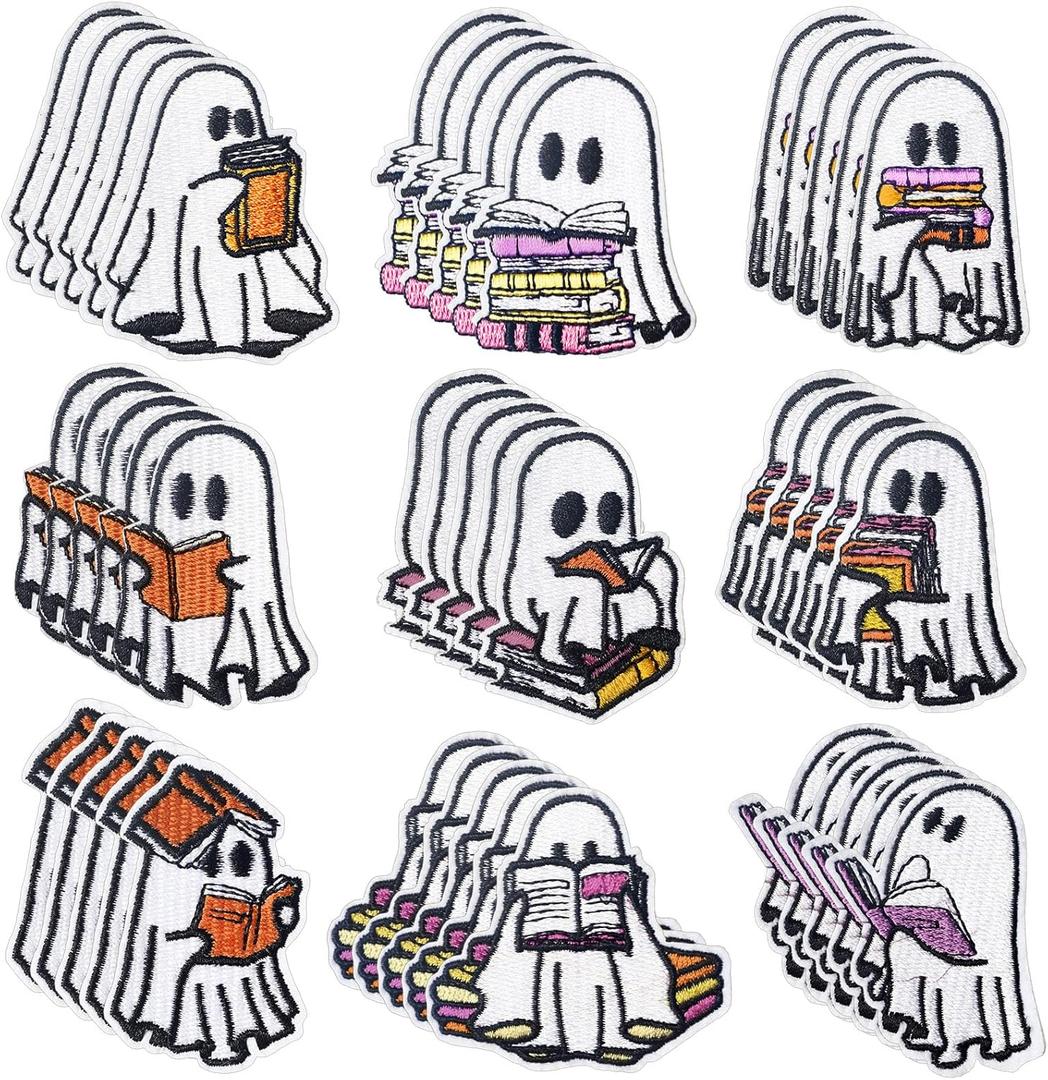 Janinka 45 Pcs Halloween Ghost Reading Book Patches Funny Ghost Book Readers Embroidered Sew on Patches Halloween Embroidery DIY Accessory for Clothes Pants Hats Jeans
