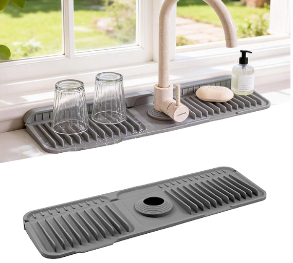 Faucet Mat for Kitchen Sink, 17.7"X5.5" Silicone Sink Splash Guard with Soap Holder, Snap-On Design & 7°slope Fast Drain, Folding Sink Faucet Mat for Universal Kitchen Bathroom Sink（Grey）