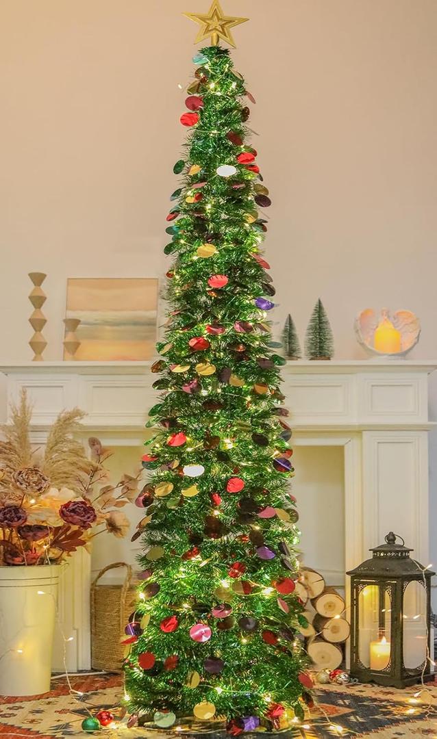 6 FT Pop Up Christmas Tree with 100 LED Timer Lights & Remote, Green Collapsible Christmas Tinsel Tree Artificial Pencil Tree Xmas Decoration for Holiday Home Office Party, USB Powered