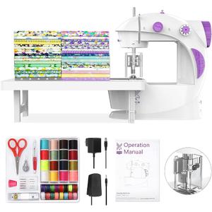 Sewing Machine for Beginners [Full Set] with Finger Guard and Fabric Bundles - Mini Sewing Machine with Sewing Kits, Foot Pedal, US Adapter and Extension Table