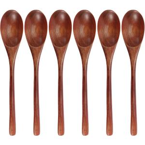Wooden Spoons, 6 Pieces 9 Inch Wood Soup Spoons for Eating Mixing Stirring, Long Handle Spoon with Japanese Style Kitchen Utensil, ADLORYEA Eco Friendly Table Spoon (Nanmu, 9 Inch)