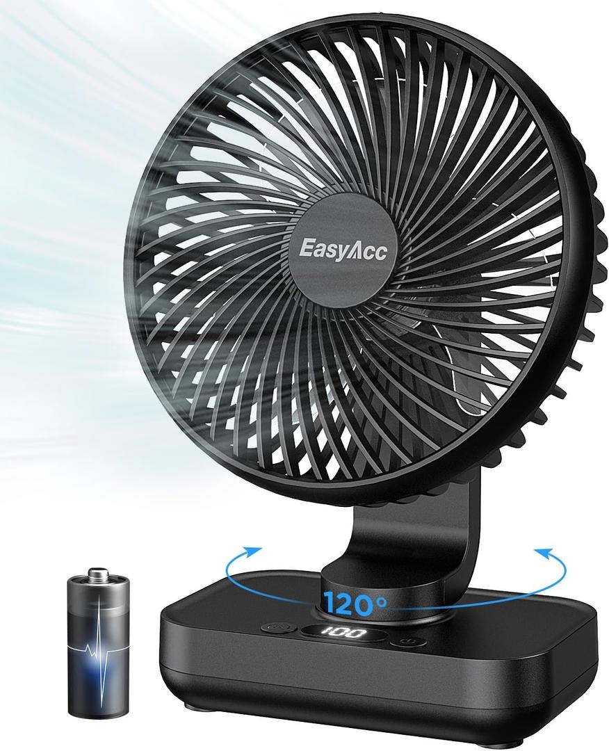 EasyAcc Small Oscillating Fan - 4000mAh, 5-23 Working Time, Rechargeable Desktop Air Circulate Fan with 4 Speed for Home Office (Black Oscillating Fan)