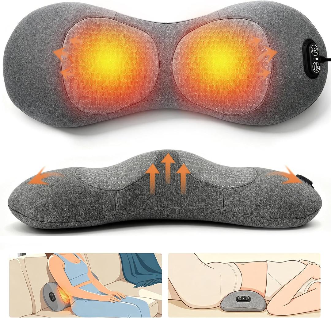 Back Massager with Heat Vibration and Adjustable Height Smooth Spine Triple Fusion Back Massager for Back Relaxation Pain 3-in-1 Electric Lumbar Support Pillow for Bed Chair (Dark Gray)