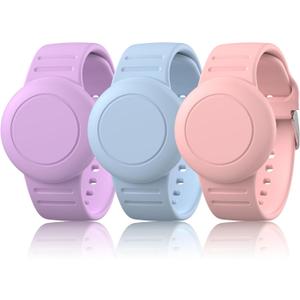3 Pack Waterproof Air Tag Bracelet for Kids, Soft Silicone Air tag Holder for Apple AirTag (2nd Gen & 1st), Adjustable Anti Lost Watch Band for Kids 3 Years Old and up (PinkSand/SkyBlue/Purple)