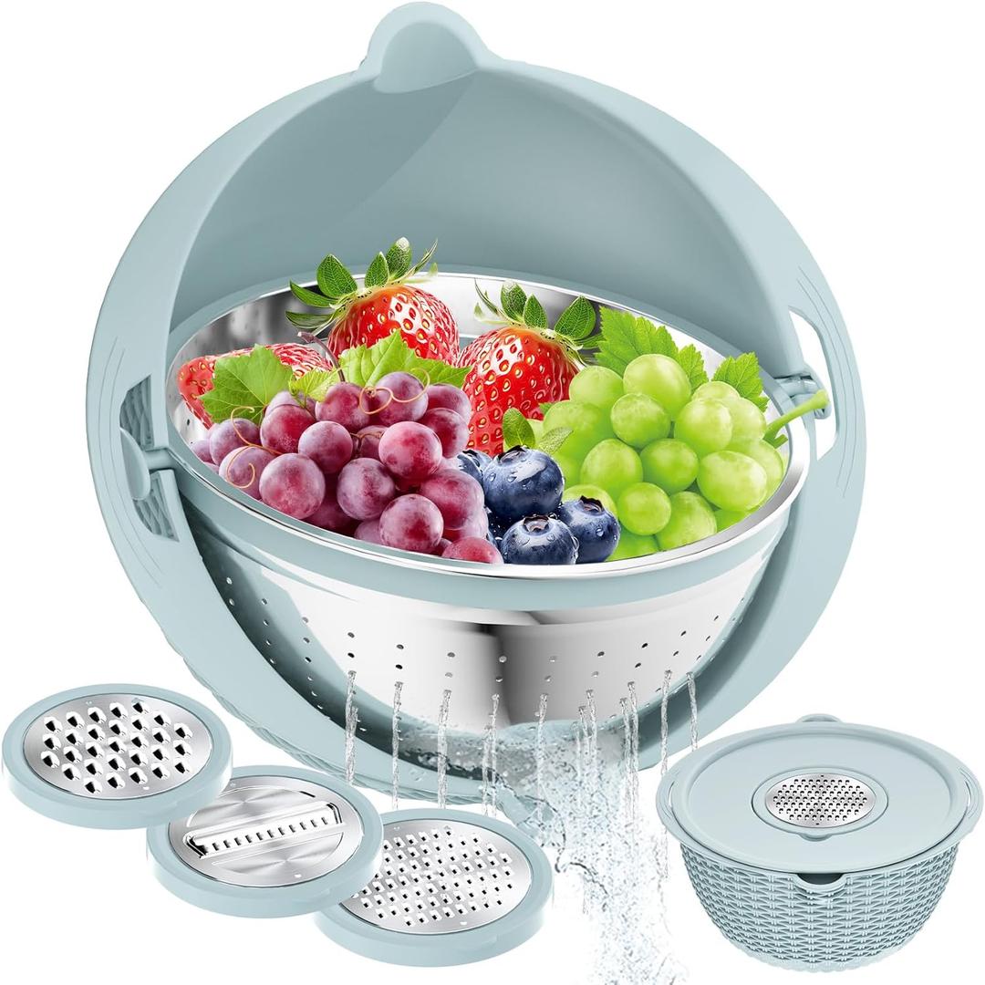 4 in 1 Colander with Mixing Bowl Set, Colander for Kitchen, Strainers and Colanders, Pasta Strainer, Fruit Cleaner, Veggie Wash, Aesthetic Kitchen Essentials - Blue