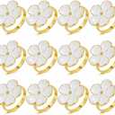 Napkin Rings Set of 12, White Frangipani Flower Napkin Holders with Gold Rings- Elegant Holiday Table Decor for Wedding, Christmas, Thanksgiving, Easter, Dinner Parties