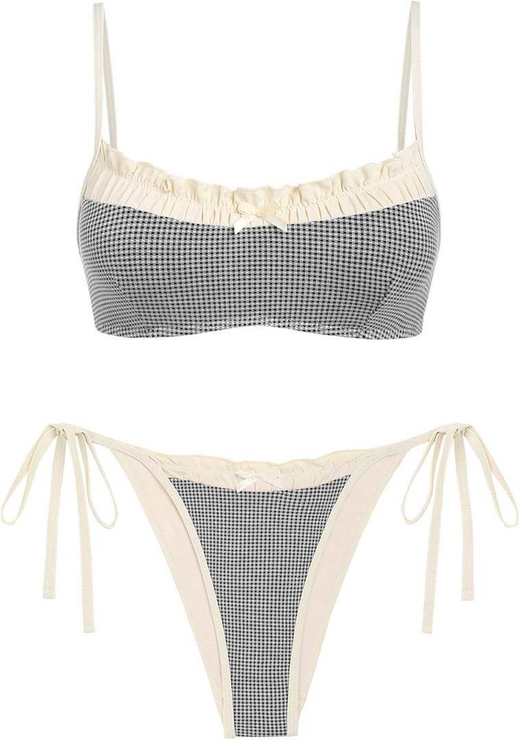 ZAFUL Bikini Sets for Women Plaid Ruffles Trim Swimsuit Sexy Tie Back Bowknot Triangle High Cut Tie Side Thong Bathing Suit (Beige, S)