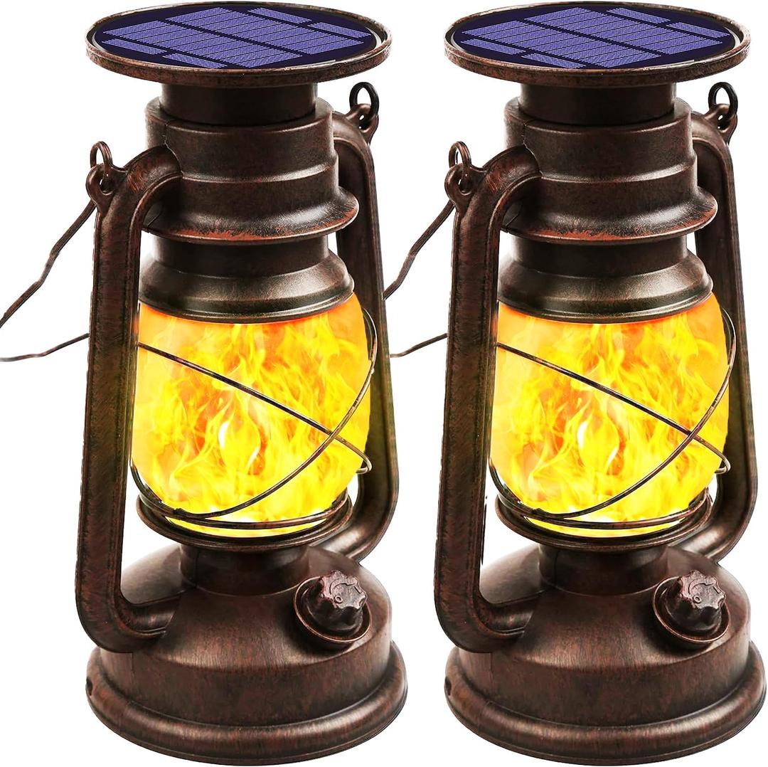 Richday Solar Lantern Outdoor Hanging, LED Vintage Flame Lantern,Solar Lights Dancing Flame,Waterproof Camping Lamps,Outdoor Indoor Decoration for for Table Patio Garden Yard Pathway Porch 2 Pack (2)