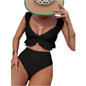 MakeMeChic Women's 2 Piece Bikini Set Ruffle Trim Bathing Suit V Neck Tie Back High Waisted Swimsuit