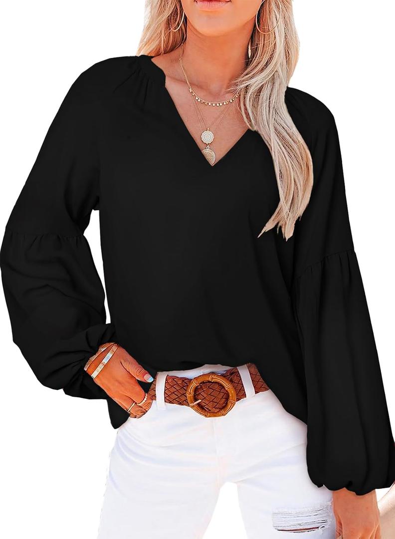 SHEWIN Blouses for Women Dressy Casual Solid Lantern Long Sleeve Boho Tops Loose V Neck Spring Shirts Trendy Fall Clothes for Women 2025,US 4-6(S),Black