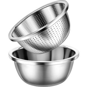 Colander 304 Stainless Steel 3-quart with Mixing Bowls, Strainer for Kitchen Food For washing vegetables, fruit, rice, Dishwasher Safe. (2PC)