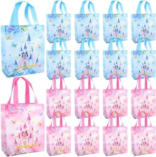 Keioy 16 Pcs Princess Party Favor Bags with Handles Reusable Non Woven Castle Candy Goodie Bags Treat Blue Pink Princess Gift Bag Ideal for Baby Shower Birthday Gender Reveal Party