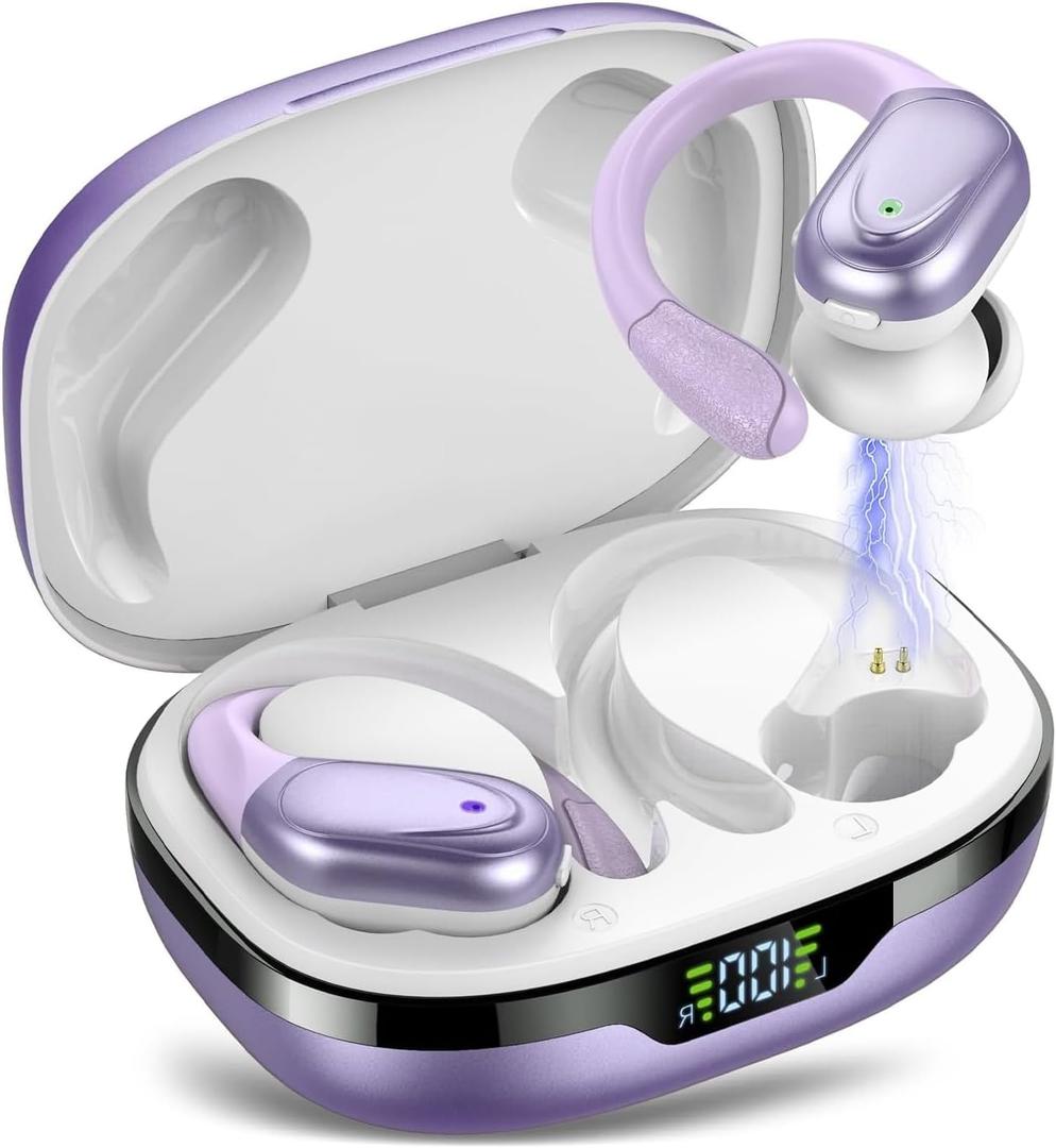 Wireless Bluetooth Sports Earphones, 60H Headphones 5.3 with CVC8.0 Noise Cancelling, Wireless Earphones with 4 ENC Mic, IPX7 Waterproof Bluetooth Earbuds, Earphones for Running White Purple