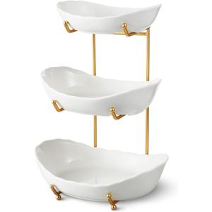 Ceramic Fruit Bowl for Kitchen Counter - 3 Tier Fruit Basket with Metal Stand, Tiered Fruit Stand for Countertop, Snack, Nuts, Cake, Dessert, Small & Cute (Gold)