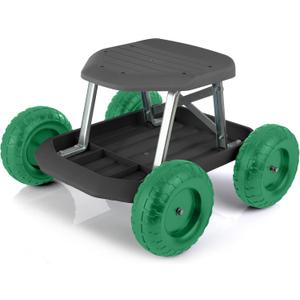 Pure Garden 82-VY021 Cart Rolling Stool with Wheels Seat, and Tool Tray for Weeding, Planting, or Lawn Care  Gardening Accessories and Supplies, 17.5x19, Green/Black
