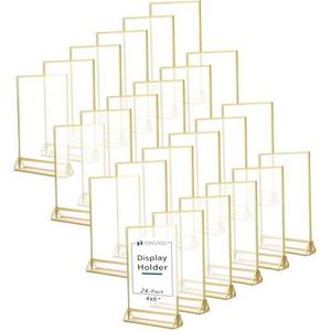 TonGass 24-Pack 5x7 Standard Double-Sided Acrylic Wedding Table Numbers Picture Frames, Clear Sign Holders with 3mm Gold Border & Vertical Stand