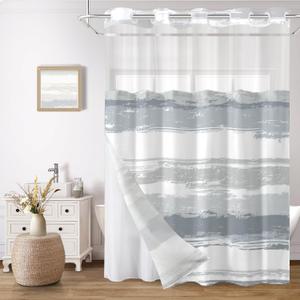 No Hook Shower Curtain and Liner Set, Grey and White Striped Hotel Shower Curtains for Bathroom, Minimalist Waterproof Bathroom Curtain Sets with Snap in Liner Mesh Top Window, 71x74 Inch