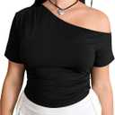 MakeMeChic Women's Plus Size One Shoulder Tops Summer Floral Asymmetrical T Shirt Ruched Short Sleeve Crop Top (X-Large Plus, Black)
